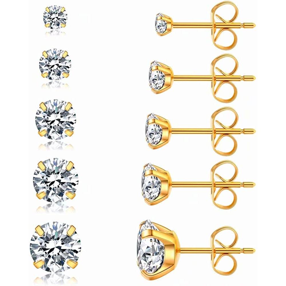 5 Pairs Stud Earrings Set, Hypoallergenic Cubic Zirconia 316L Earrings Stainless Steel CZ Earrings 3-8mm, Rose Gold | Multiple Colors and Sizes - G