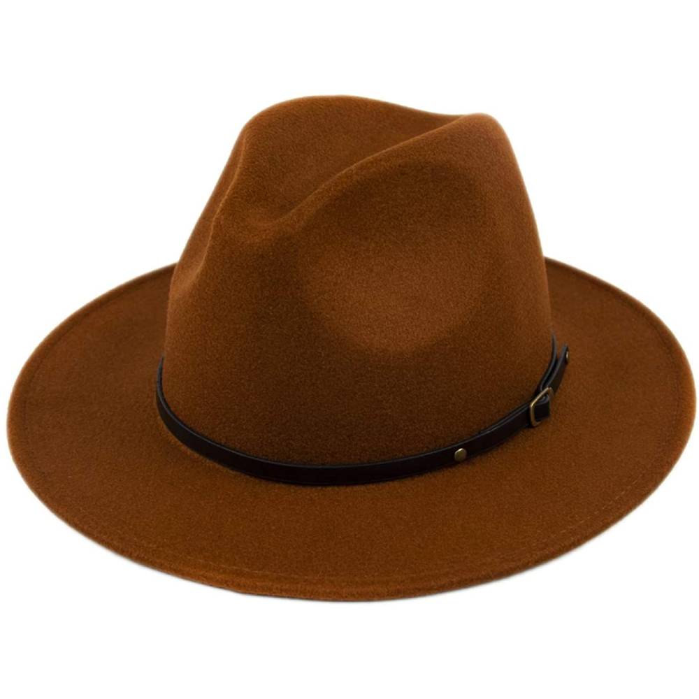 Lanzom Womens Classic Wide Brim Floppy Panama Hat Belt Buckle Wool Fedora Hat | Multiple Colors - CO