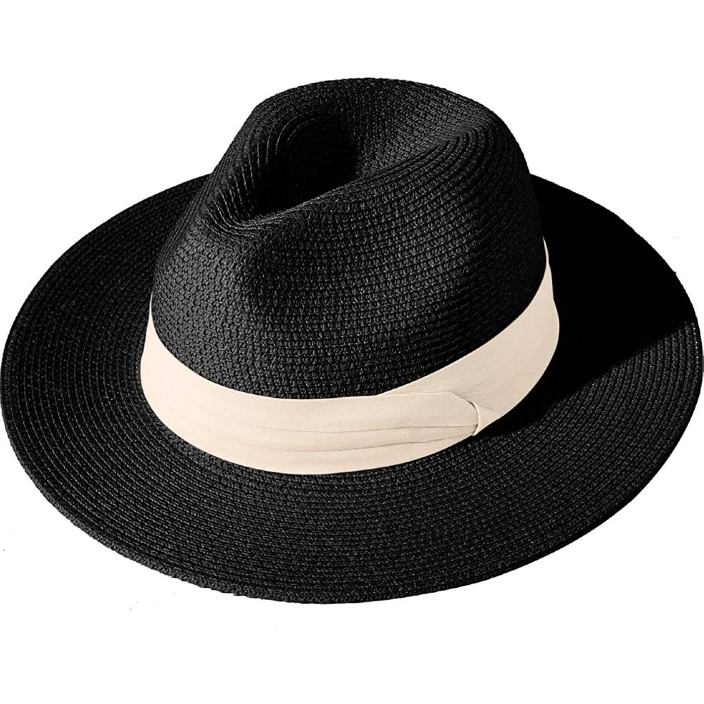 Lanzom Women Wide Brim Straw Panama Roll up Hat Belt Buckle Fedora Beach Sun Hat UPF50+ | Multiple Colors - ZBRB