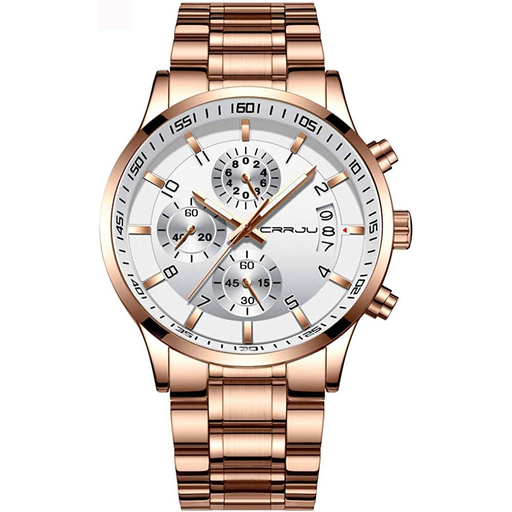 CRRJU Men's Fashion Stainless Steel Watches Date Waterproof Chronograph Wristwatches,Stainsteel Steel Band Waterproof Watch | Multiple Colors - RWH