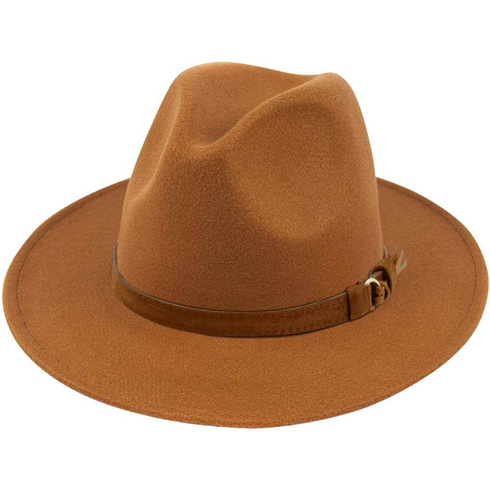Lanzom Womens Classic Wide Brim Floppy Panama Hat Belt Buckle Wool Fedora Hat | Multiple Colors - ZBBKH