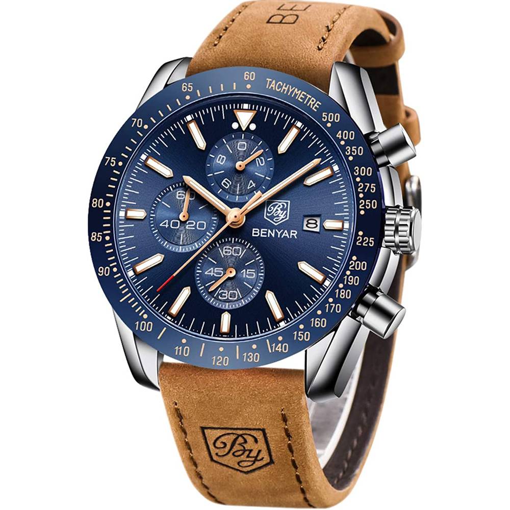Mens Watches BY BENYAR Chronograph Analog Quartz Movement Stylish Sports Designer Wrist Watch 30M Waterproof Elegant Gift Watch for Men | Multiple Colors - BL