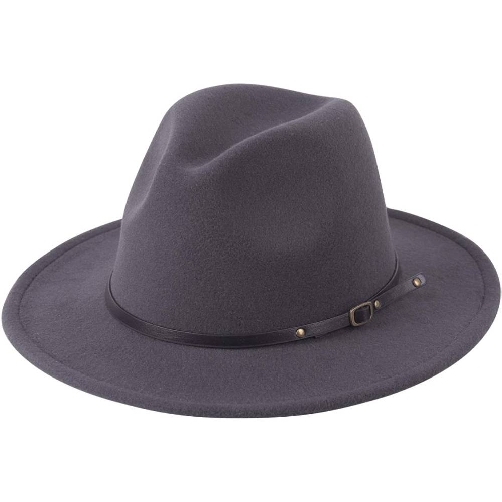 Lanzom Womens Classic Wide Brim Floppy Panama Hat Belt Buckle Wool Fedora Hat | Multiple Colors - DG