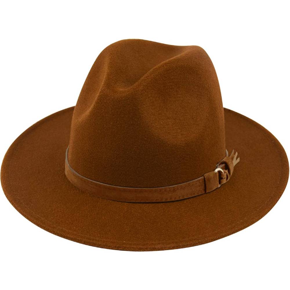 Lanzom Womens Classic Wide Brim Floppy Panama Hat Belt Buckle Wool Fedora Hat | Multiple Colors - ZBBC