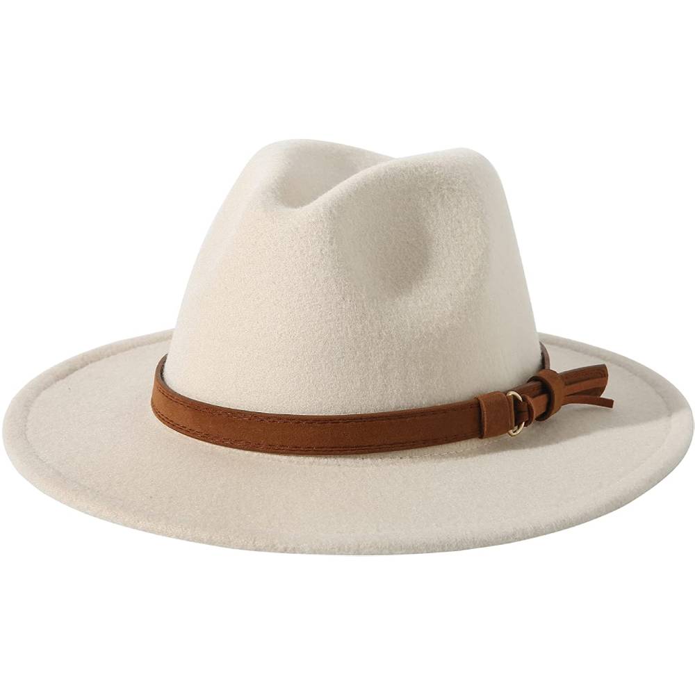 Lanzom Womens Classic Wide Brim Floppy Panama Hat Belt Buckle Wool Fedora Hat | Multiple Colors - ZBBB
