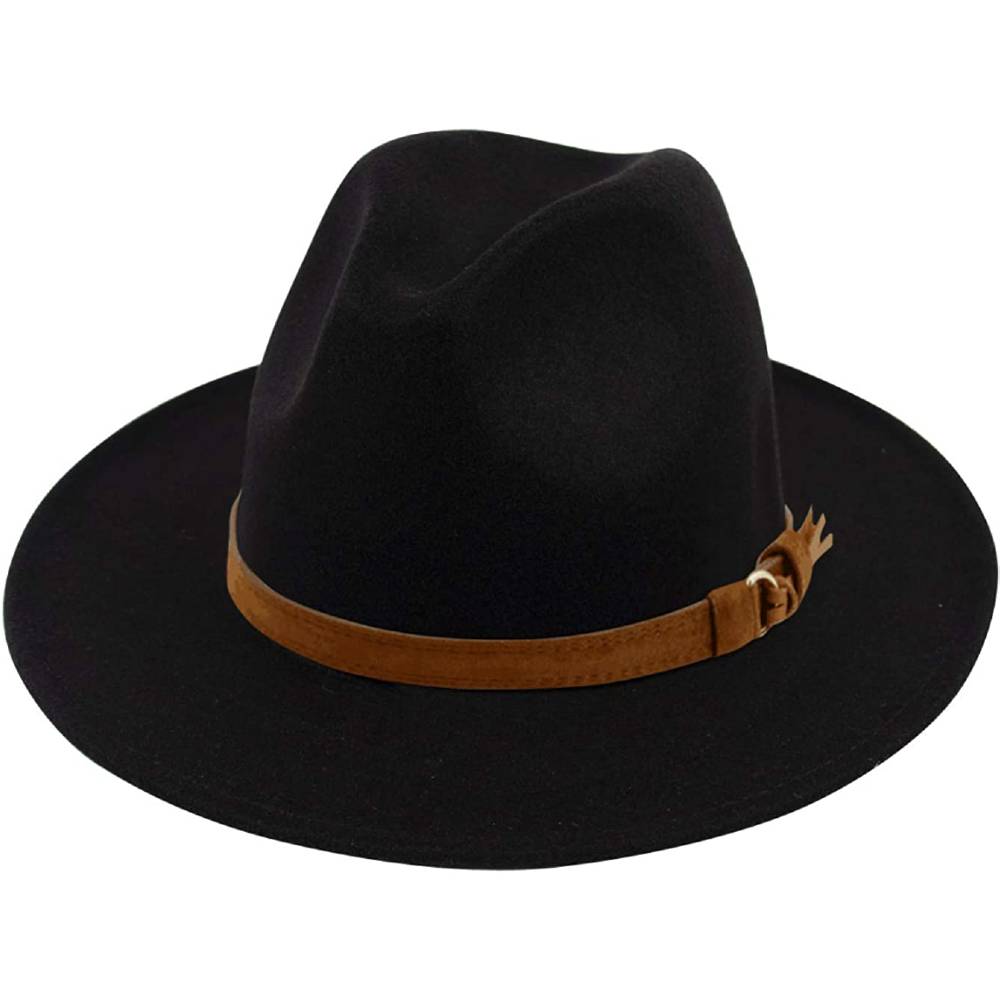 Lanzom Womens Classic Wide Brim Floppy Panama Hat Belt Buckle Wool Fedora Hat | Multiple Colors - BBLB