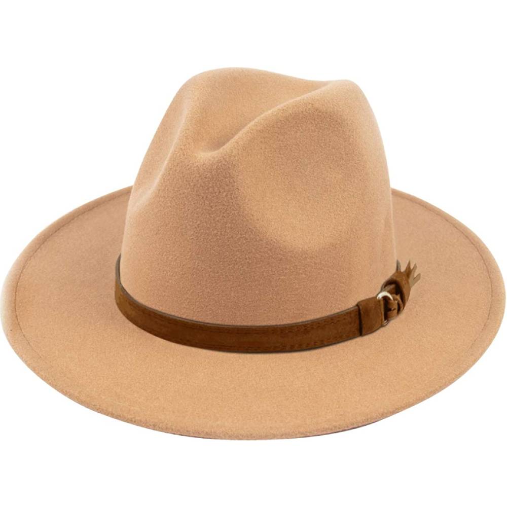 Lanzom Womens Classic Wide Brim Floppy Panama Hat Belt Buckle Wool Fedora Hat | Multiple Colors - ZBBC
