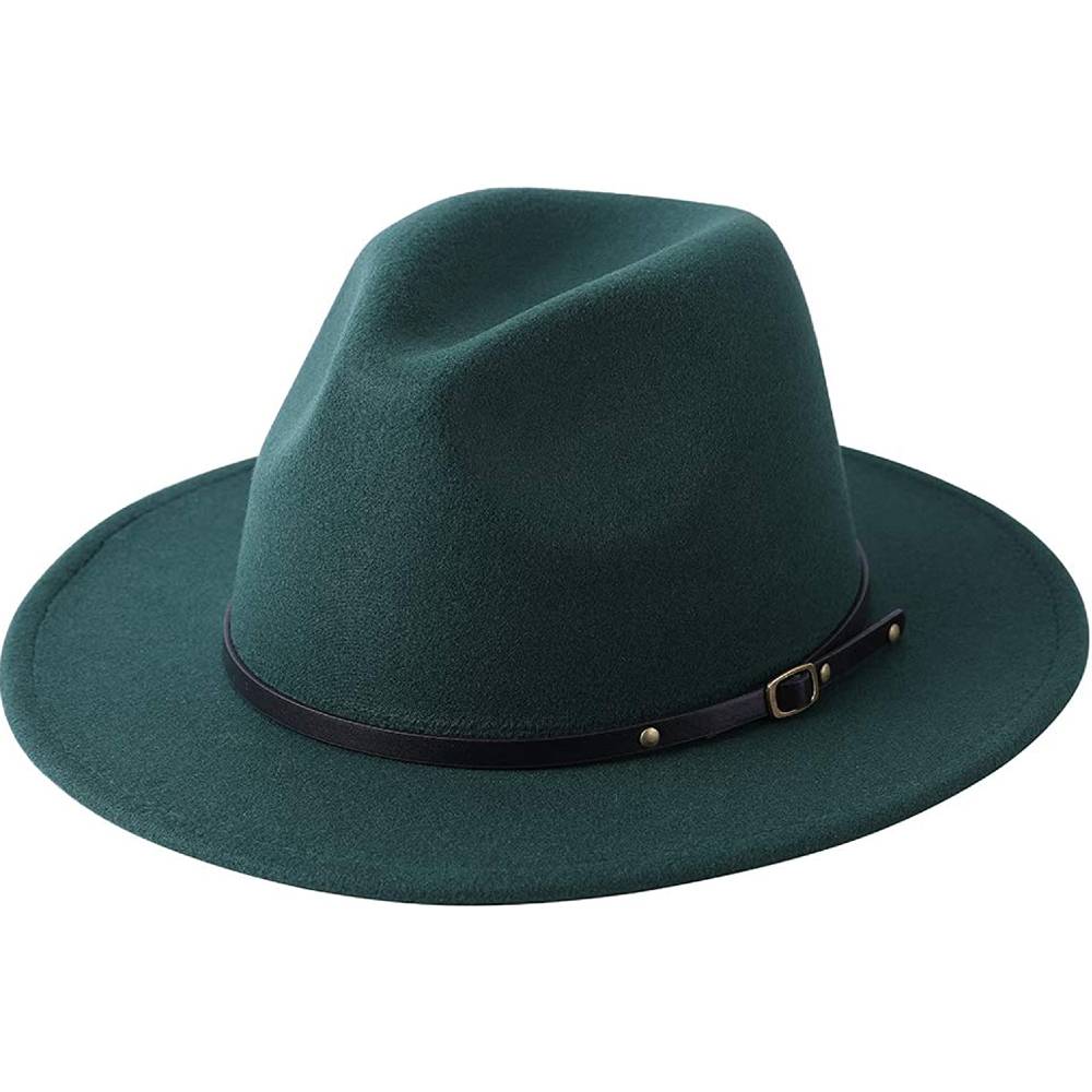Lanzom Womens Classic Wide Brim Floppy Panama Hat Belt Buckle Wool Fedora Hat | Multiple Colors - YCGE
