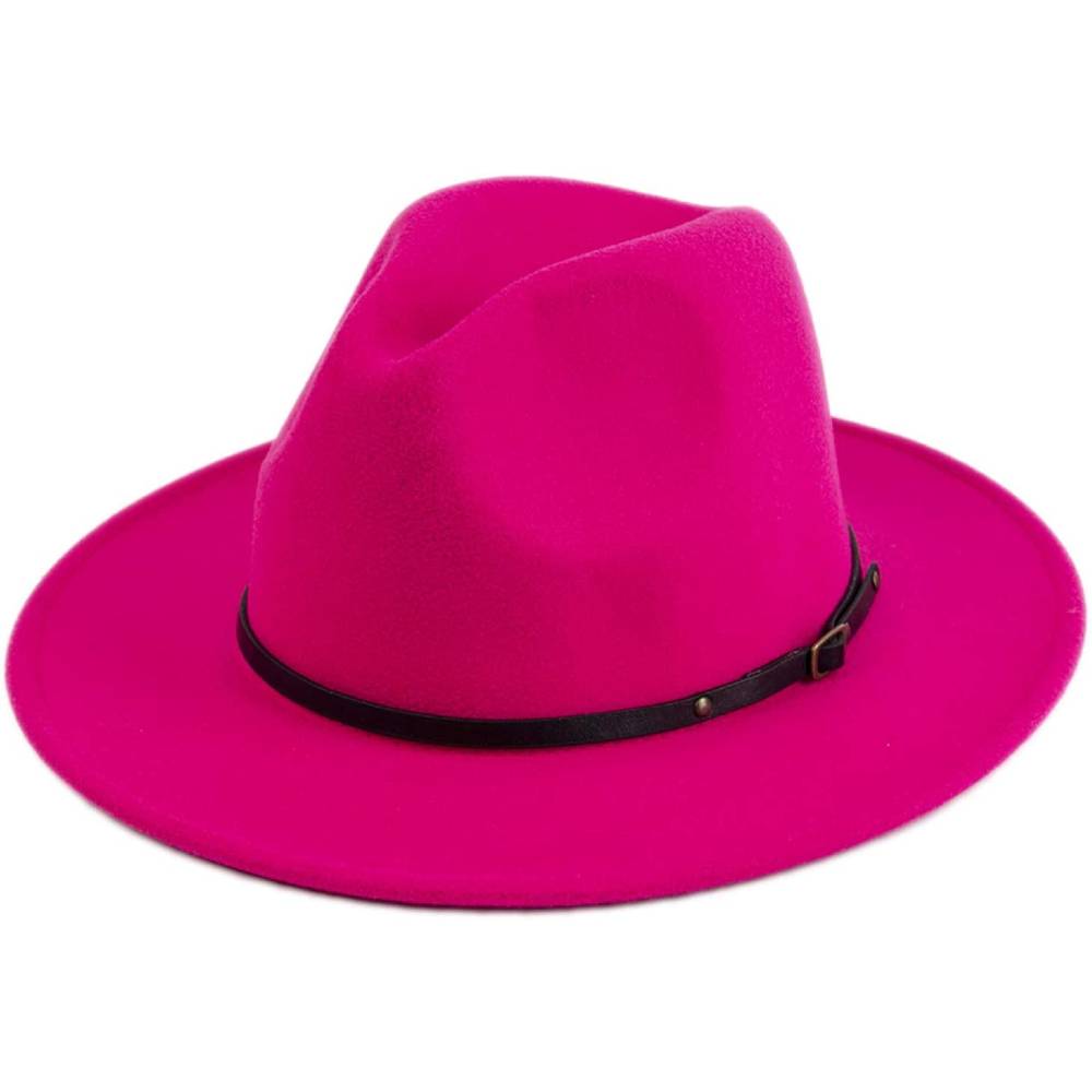 Lanzom Womens Classic Wide Brim Floppy Panama Hat Belt Buckle Wool Fedora Hat | Multiple Colors - RO