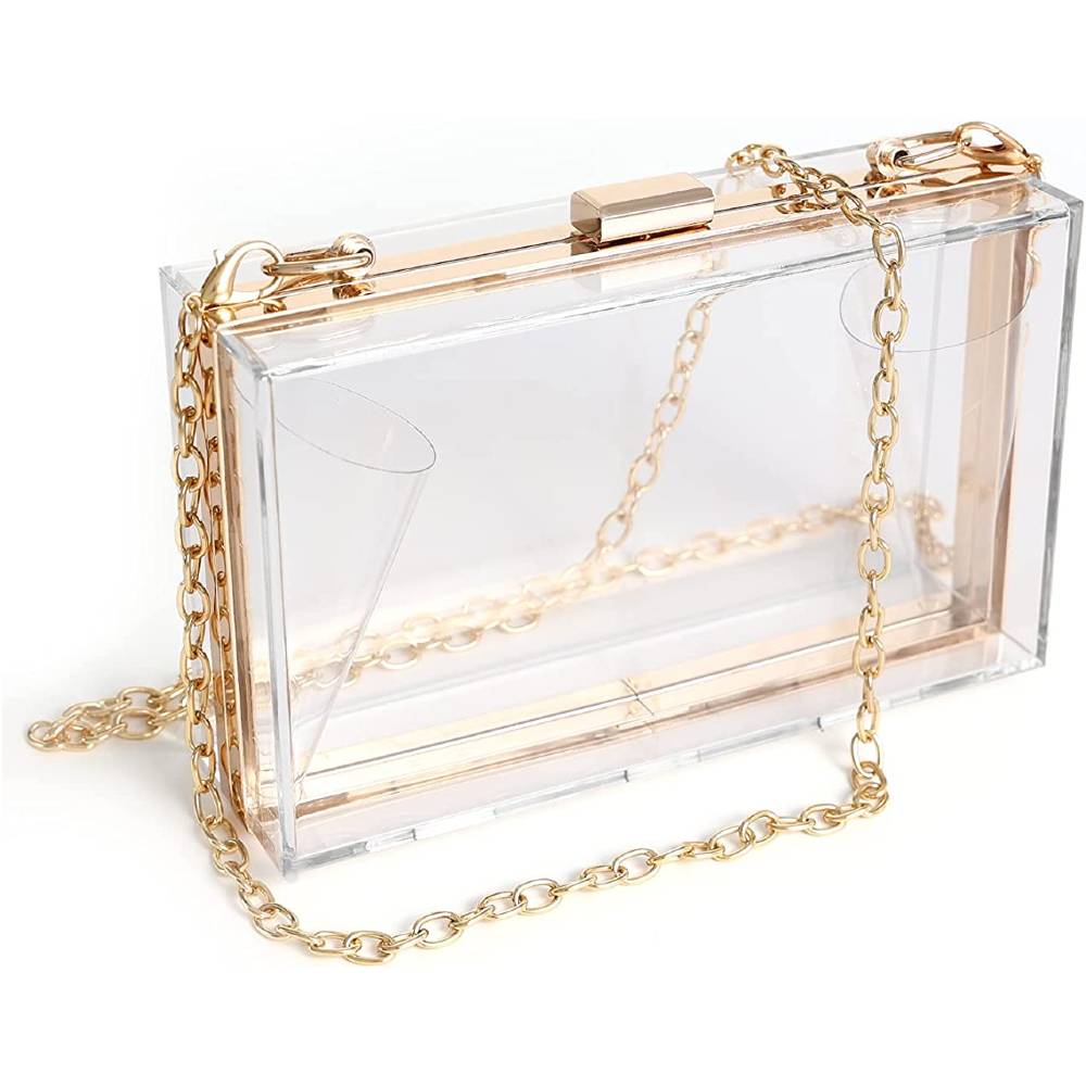 WJCD Women Clear Purse Acrylic Clear Clutch Bag, Shoulder Handbag With Removable Gold Chain Strap | Multiple Colors - G