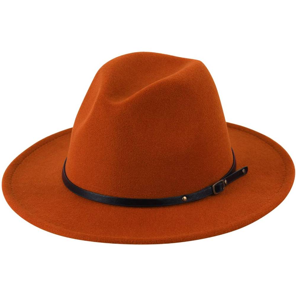 Lanzom Womens Classic Wide Brim Floppy Panama Hat Belt Buckle Wool Fedora Hat | Multiple Colors - CA