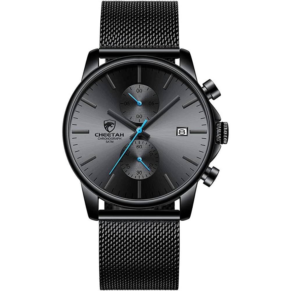 GOLDEN HOUR Mens Watch Fashion Sleek Minimalist Quartz Analog Mesh Stainless Steel Waterproof Chronograph Watches for Men with Auto Date - BL