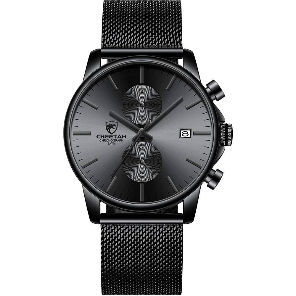 GOLDEN HOUR Mens Watch Fashion Sleek Minimalist Quartz Analog Mesh Stainless Steel Waterproof Chronograph Watches for Men with Auto Date - BL