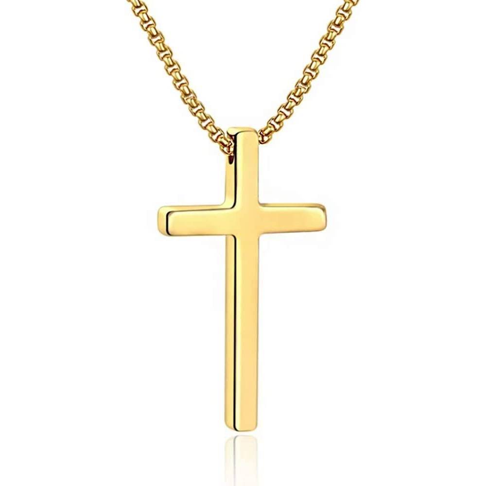 M MOOHAM Cross Necklace for Men, Silver Black Gold Stainless Steel Plain Cross Pendant Necklace for Men Box Chain 16-30 Inch | Multiple Colors and Sizes - GCP