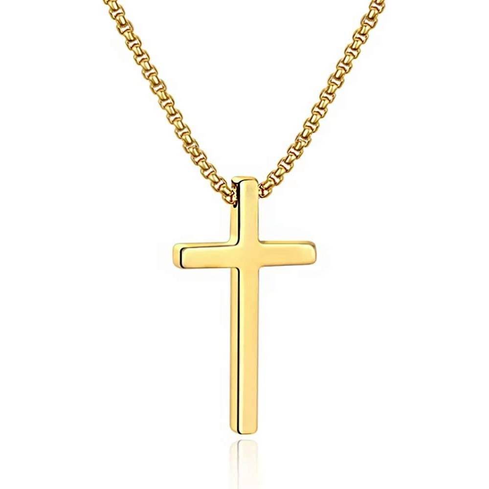 M MOOHAM Cross Necklace for Men, Silver Black Gold Stainless Steel Plain Cross Pendant Necklace for Men Box Chain 16-30 Inch | Multiple Colors and Sizes - GCP