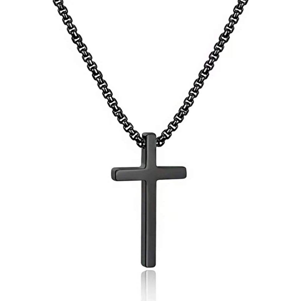 M MOOHAM Cross Necklace for Men, Silver Black Gold Stainless Steel Plain Cross Pendant Necklace for Men Box Chain 16-30 Inch | Multiple Colors and Sizes - BCP