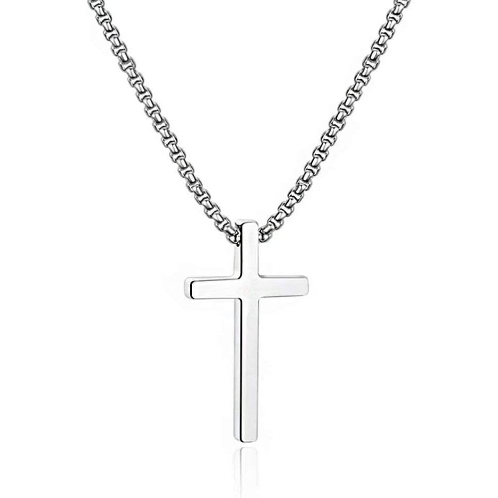 M MOOHAM Cross Necklace for Men, Silver Black Gold Stainless Steel Plain Cross Pendant Necklace for Men Box Chain 16-30 Inch | Multiple Colors and Sizes - SCP