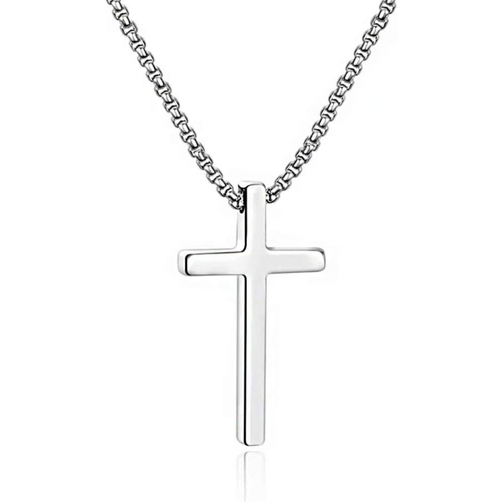 M MOOHAM Cross Necklace for Men, Silver Black Gold Stainless Steel Plain Cross Pendant Necklace for Men Box Chain 16-30 Inch | Multiple Colors and Sizes - SCP