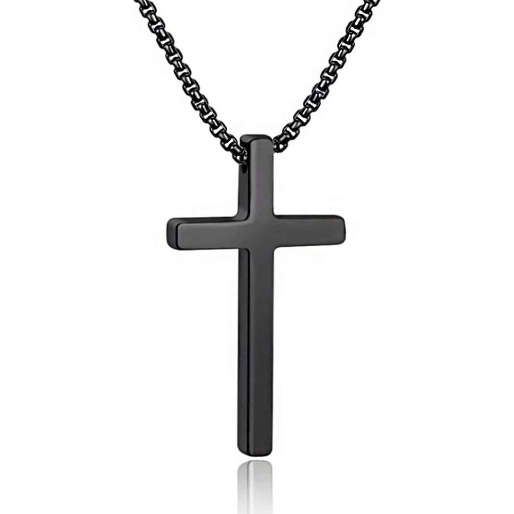 M MOOHAM Cross Necklace for Men, Silver Black Gold Stainless Steel Plain Cross Pendant Necklace for Men Box Chain 16-30 Inch | Multiple Colors and Sizes - BCP