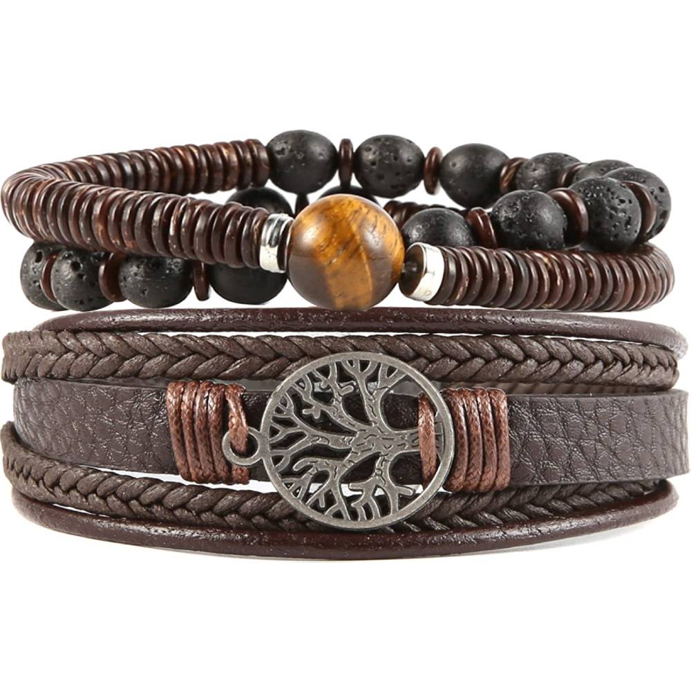 HZMAN Genuine Leather Tree of life Bracelets Men Women, Tiger Eye Natural Stone Lava Rock Beads Ethnic Tribal Elastic Bracelets Wristbands | Multiple Colors - TESB