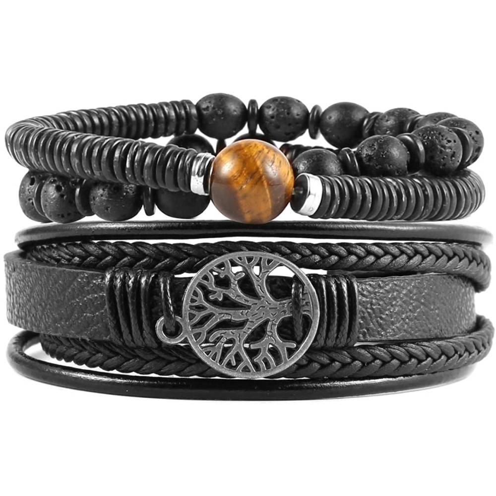 HZMAN Genuine Leather Tree of life Bracelets Men Women, Tiger Eye Natural Stone Lava Rock Beads Ethnic Tribal Elastic Bracelets Wristbands | Multiple Colors - TESTB