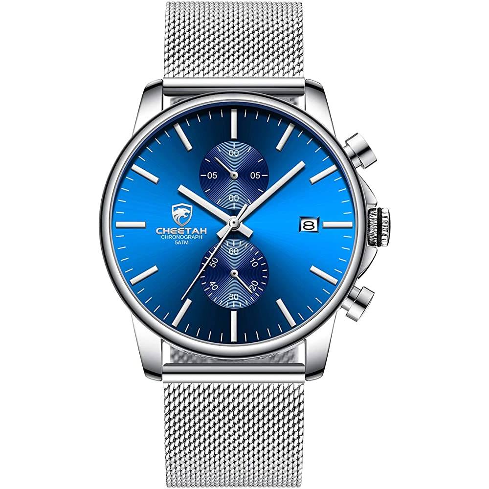 GOLDEN HOUR Mens Watch Fashion Sleek Minimalist Quartz Analog Mesh Stainless Steel Waterproof Chronograph Watches for Men with Auto Date - SBL