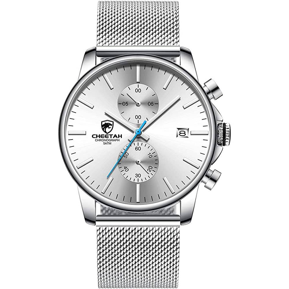 GOLDEN HOUR Mens Watch Fashion Sleek Minimalist Quartz Analog Mesh Stainless Steel Waterproof Chronograph Watches for Men with Auto Date - S
