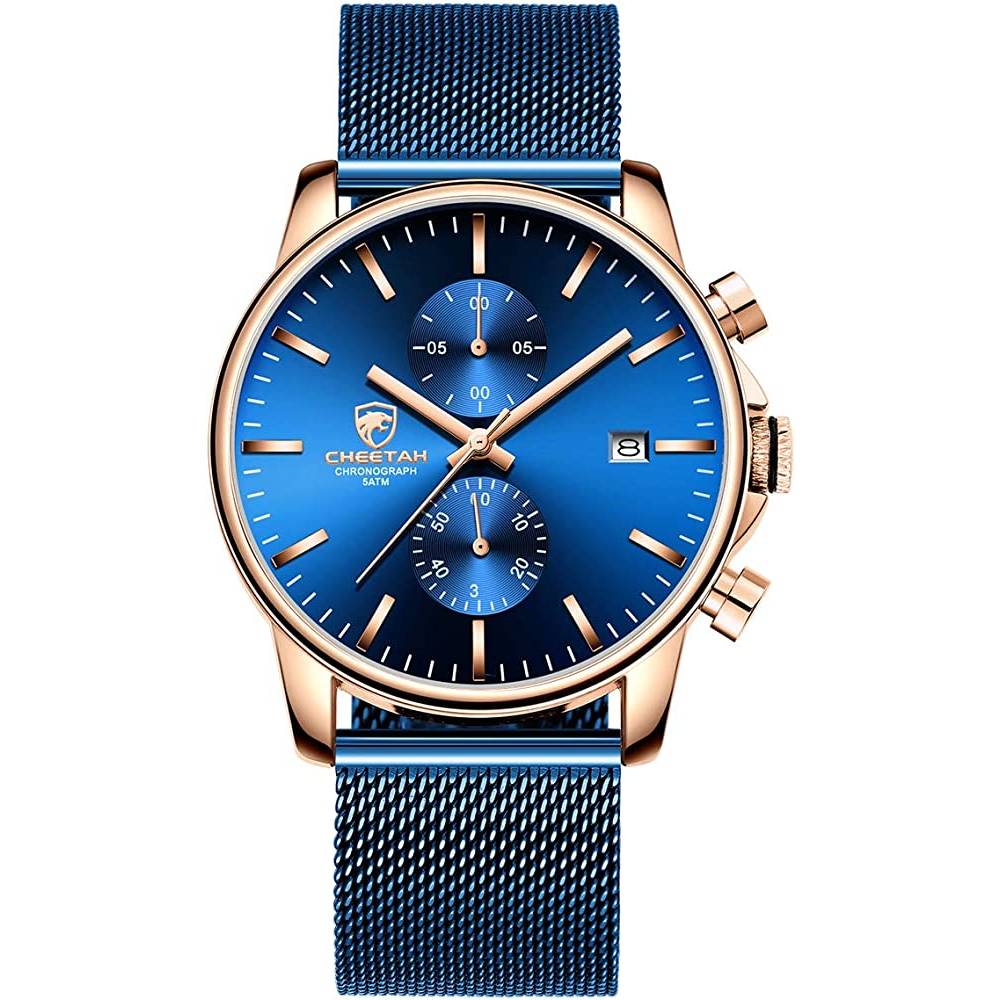 GOLDEN HOUR Mens Watch Fashion Sleek Minimalist Quartz Analog Mesh Stainless Steel Waterproof Chronograph Watches for Men with Auto Date - RBL