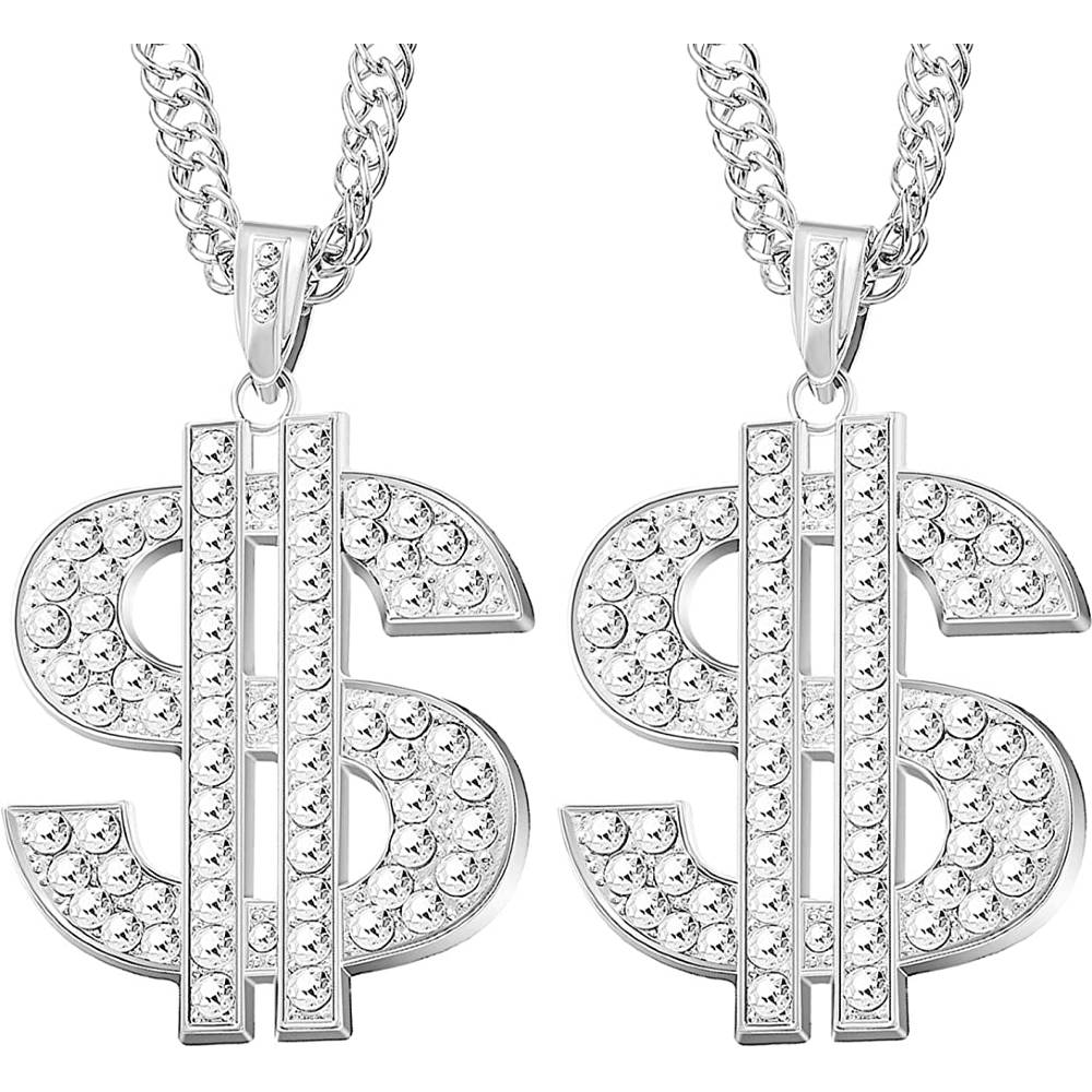 2 Pieces Gold/Silver Plated Chain for Men with Dollar Sign Pendant Necklace, Hip Hop Dollar Necklace | Multiple Colors - S