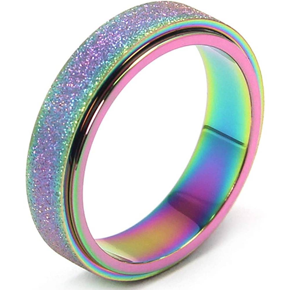 Titanium Stainless Steel Anxiety Ring for Women Men, Size 6-10, Width 6MM, 5-Color: Rose Gold-Rainbow-Silver-Black-Blue, Sand Blasted Finished | Multiple Colors and Sizes - RBW