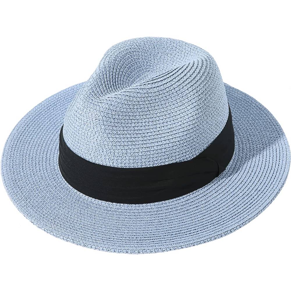 Lanzom Women Wide Brim Straw Panama Roll up Hat Belt Buckle Fedora Beach Sun Hat UPF50+ | Multiple Colors - LBL