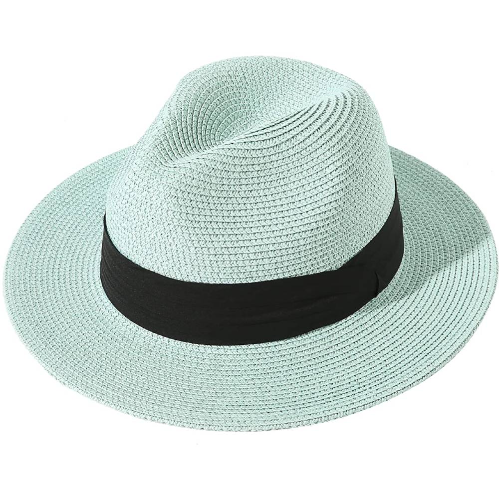 Lanzom Women Wide Brim Straw Panama Roll up Hat Belt Buckle Fedora Beach Sun Hat UPF50+ | Multiple Colors - MGE