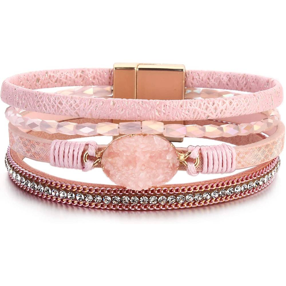 FANCY SHINY Leather Wrap Bracelet Boho Cuff Bracelets Crystal Bead Bracelet with Magnetic Clasp for Women | Multiple Colors and Sizes - PK