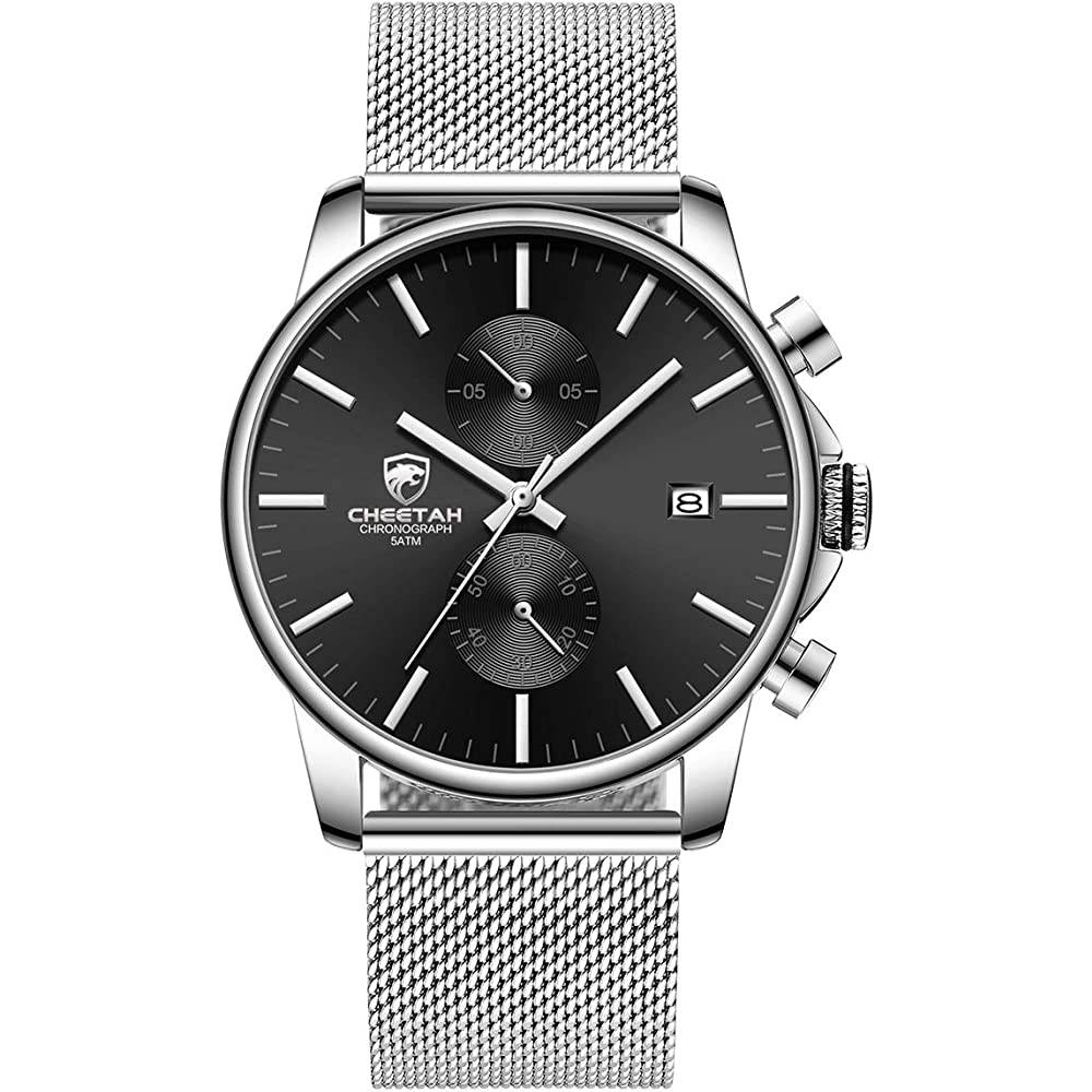 GOLDEN HOUR Mens Watch Fashion Sleek Minimalist Quartz Analog Mesh Stainless Steel Waterproof Chronograph Watches for Men with Auto Date - SBL
