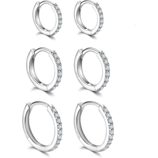 925 Sterling Silver Post Small Hoop Earrings Cubic Zirconia Huggie Hoop Earrings,3 Pairs 14K White Gold Plated Cartilage Piercing Earrings Ear Cuff Tiny Hoop Earrings for Women Men 8mm 10mm 12mm | Multiple Colors - ASIP