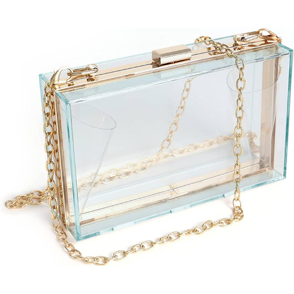 WJCD Women Clear Purse Acrylic Clear Clutch Bag, Shoulder Handbag With Removable Gold Chain Strap | Multiple Colors - LBL