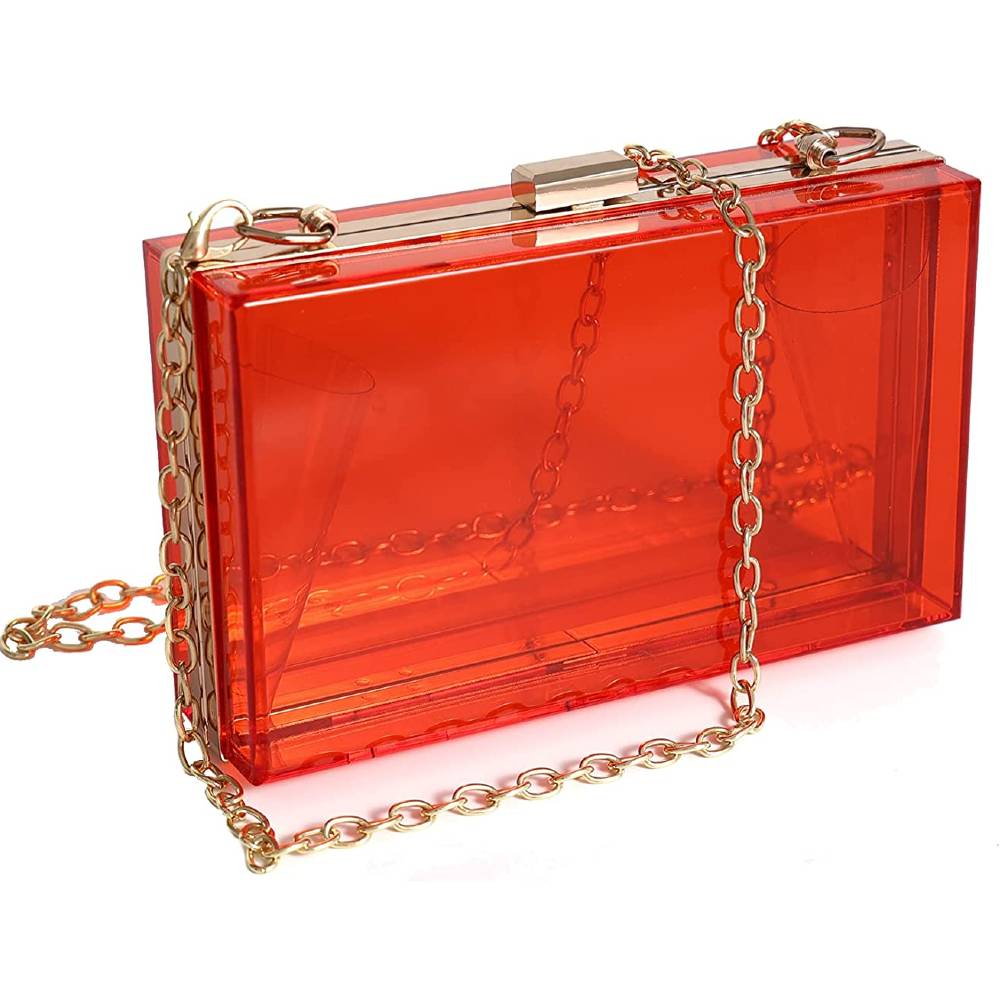 WJCD Women Clear Purse Acrylic Clear Clutch Bag, Shoulder Handbag With Removable Gold Chain Strap | Multiple Colors - R
