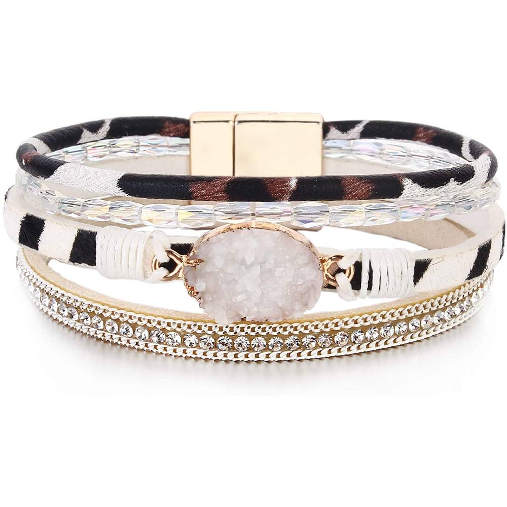 FANCY SHINY Leather Wrap Bracelet Boho Cuff Bracelets Crystal Bead Bracelet with Magnetic Clasp for Women | Multiple Colors and Sizes - Z
