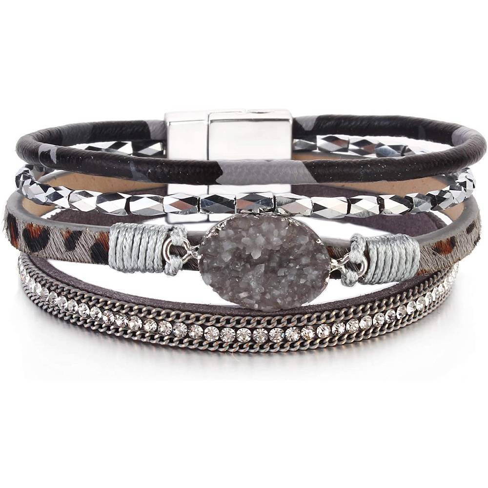 FANCY SHINY Leather Wrap Bracelet Boho Cuff Bracelets Crystal Bead Bracelet with Magnetic Clasp for Women | Multiple Colors and Sizes - GL