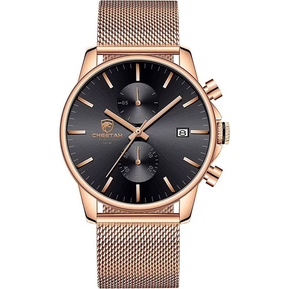 GOLDEN HOUR Mens Watch Fashion Sleek Minimalist Quartz Analog Mesh Stainless Steel Waterproof Chronograph Watches for Men with Auto Date - RGBL