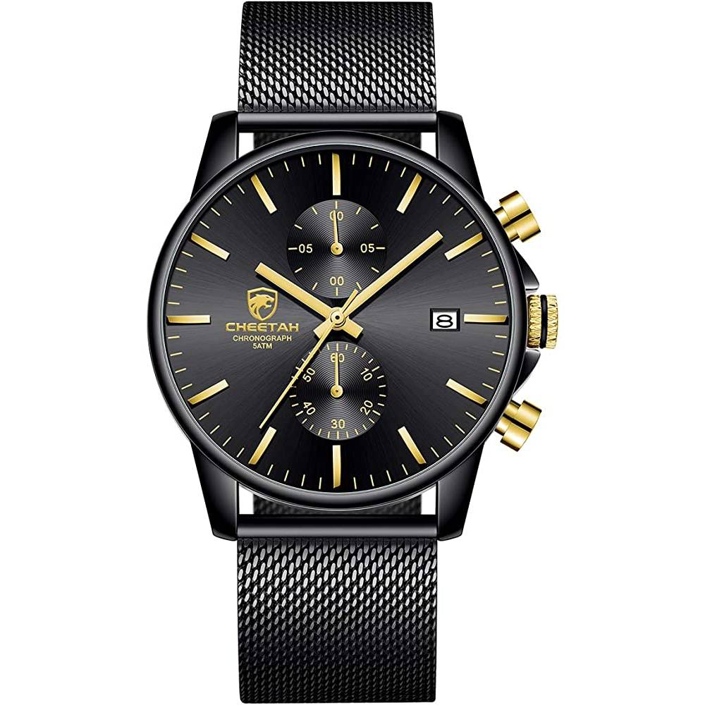 GOLDEN HOUR Mens Watch Fashion Sleek Minimalist Quartz Analog Mesh Stainless Steel Waterproof Chronograph Watches for Men with Auto Date - NBG