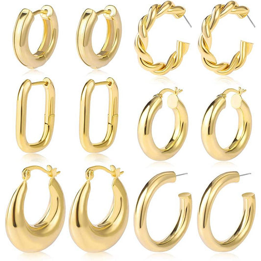 6 Pairs Gold Chunky Hoop Earrings Set for Women Hypoallergenic Thick Open Twisted Huggie Hoop Jewelry for Birthday/Christmas Gifts | Multiple Colors and Sizes | G