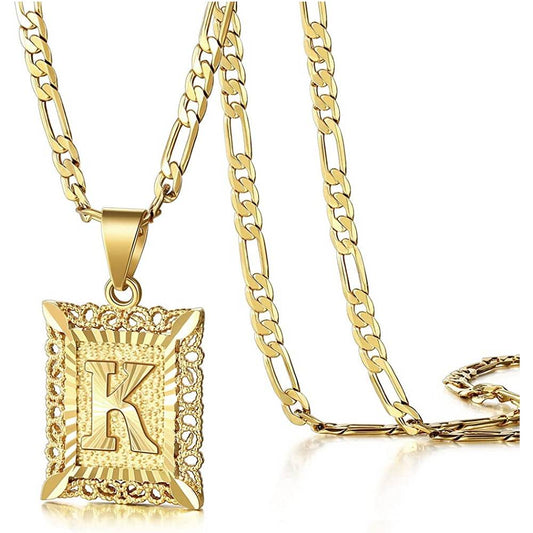 KissYan Initial Letter Pendant Necklace for Men Womens, 18K Gold Plated Square Capital Monogram Necklace Alhpabets from A-Z Figaro Chain Necklace | Multiple Colors - G