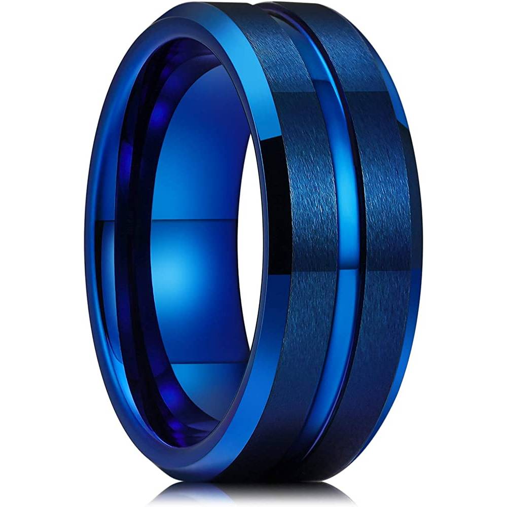 King Will Classic 8mm Tungsten Carbide Wedding Band Ring for Men Grooved Center Comfort Fit Black/Silver/Gold/Blue | Multiple Colors - BL
