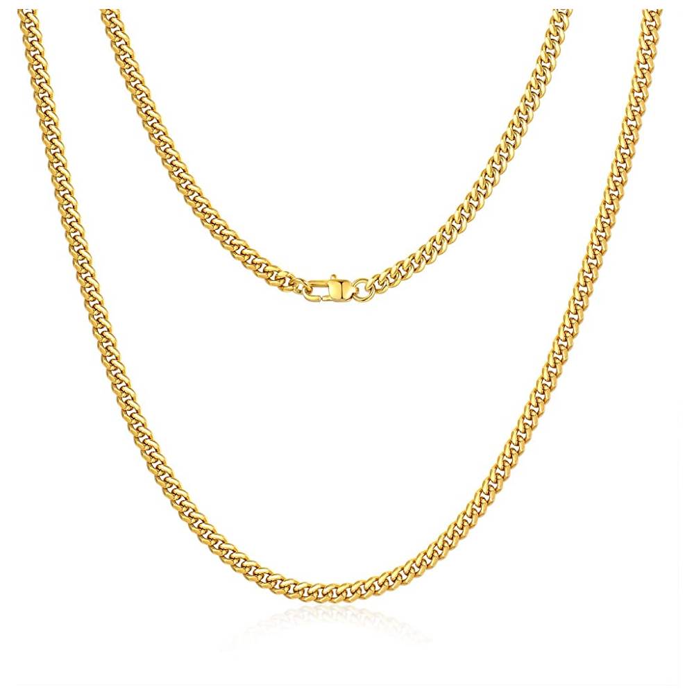 Jewlpire Diamond Cut Miami Mens Cuban Link Chain Necklace, Gold Chain | Silver Chain for Men Boys Women, Hip-Hop & Cool Style, 316L Stainless Steel/18K Gold Plated, 4/6/10mm, 18/20/22/24/26/30 Inch - Multiple Colors and Sizes - 4MMG