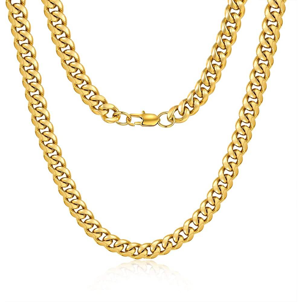 Jewlpire Diamond Cut Miami Mens Cuban Link Chain Necklace, Gold Chain | Silver Chain for Men Boys Women, Hip-Hop & Cool Style, 316L Stainless Steel/18K Gold Plated, 4/6/10mm, 18/20/22/24/26/30 Inch - Multiple Colors and Sizes - GP
