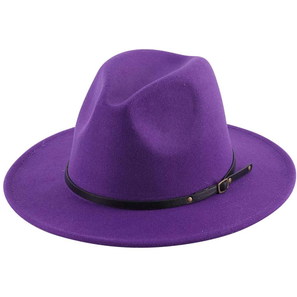 Lanzom Womens Classic Wide Brim Floppy Panama Hat Belt Buckle Wool Fedora Hat | Multiple Colors - PU