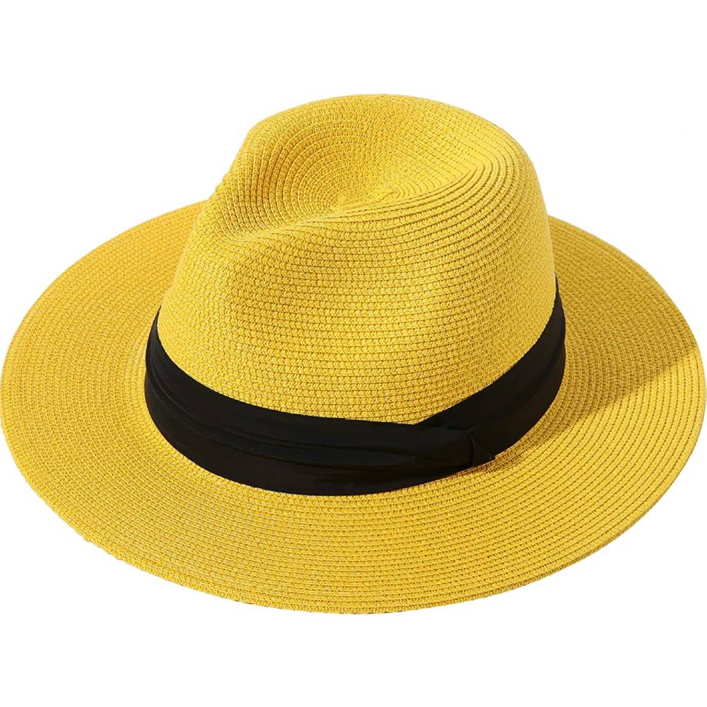 Lanzom Women Wide Brim Straw Panama Roll up Hat Belt Buckle Fedora Beach Sun Hat UPF50+ | Multiple Colors - YE