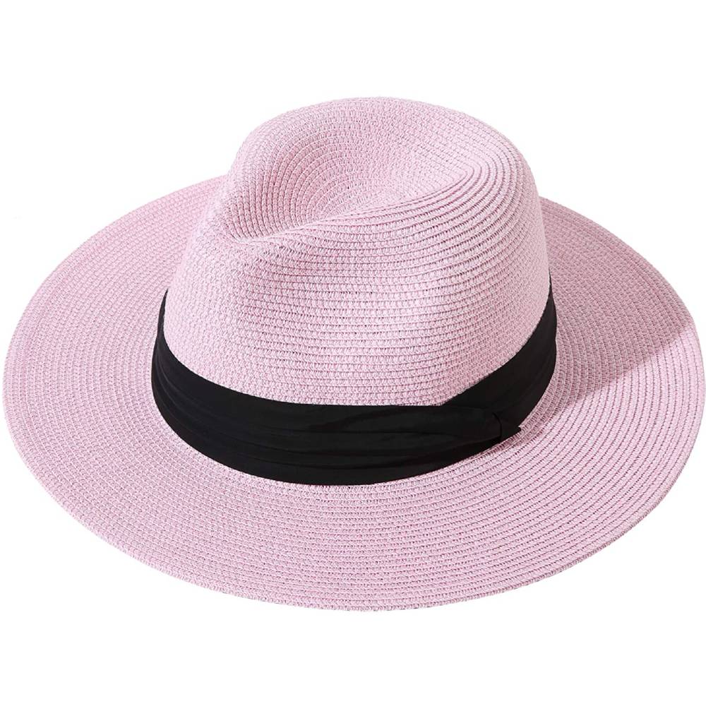Lanzom Women Wide Brim Straw Panama Roll up Hat Belt Buckle Fedora Beach Sun Hat UPF50+ | Multiple Colors - PK