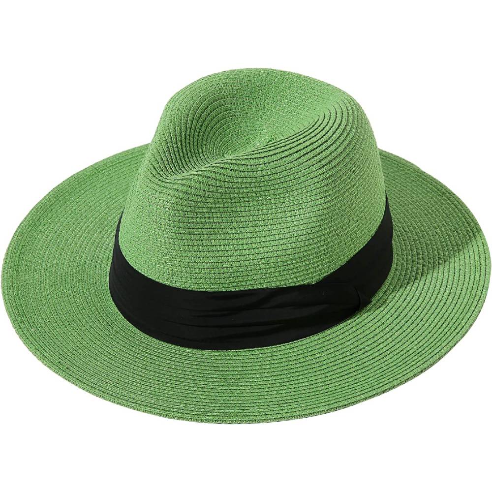 Lanzom Women Wide Brim Straw Panama Roll up Hat Belt Buckle Fedora Beach Sun Hat UPF50+ | Multiple Colors - GR